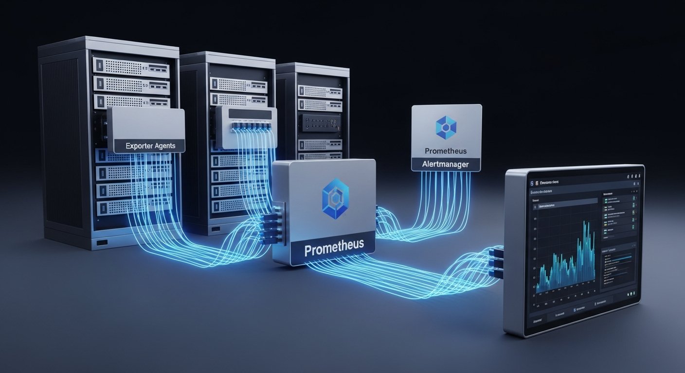 Архитектура Prometheus с экспортёрами на серверах, Alertmanager и Grafana, соединённые стрелками потока данных. убрать надписи и значки