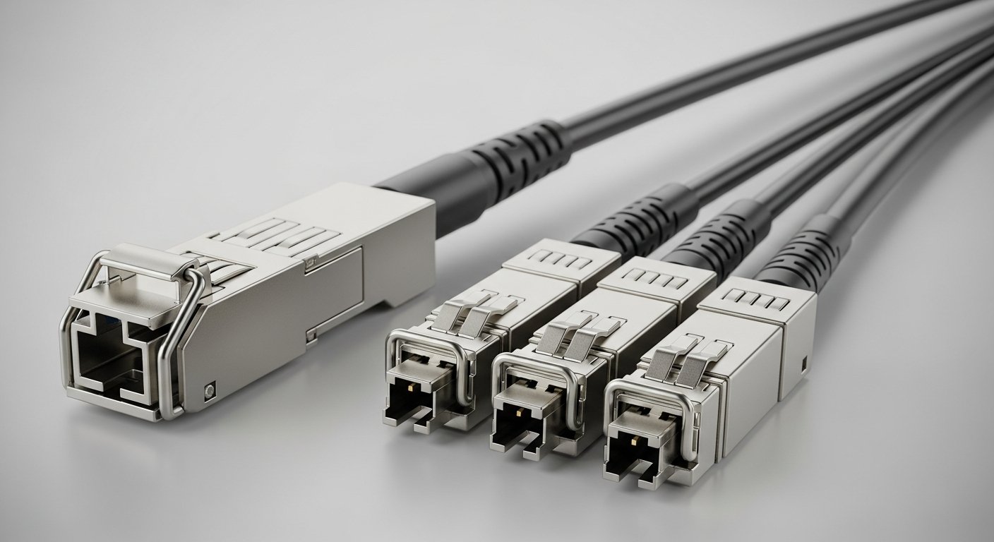 Breakout-кабель с одним массивным QSFP28-разъёмом на одном конце и четырьмя SFP28-разъёмами на другом