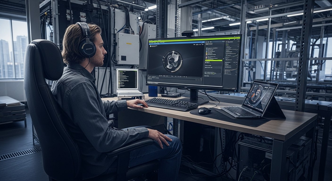 Интерьер серверной с рядами высоких GPU-акселераторов NVIDIA, кабели питания, охлаждающие системы, техническое освещение.