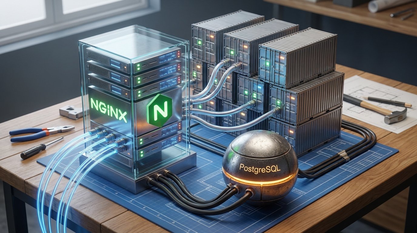 Архитектурная диаграмма веб-приложения с Nginx, PostgreSQL и Docker контейнерами