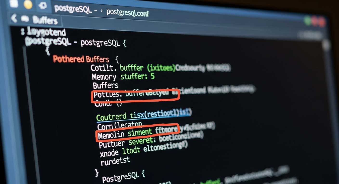 Интерфейс конфигурационного файла PostgreSQL postgresql.conf с параметрами памяти и буферов, выделенные строки конфигурации.