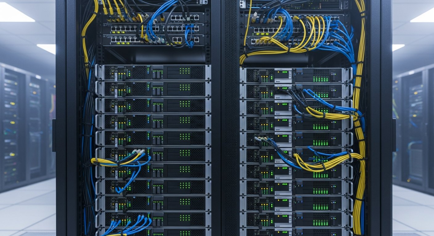 Физическая серверная стойка с расположенными узлами кластера