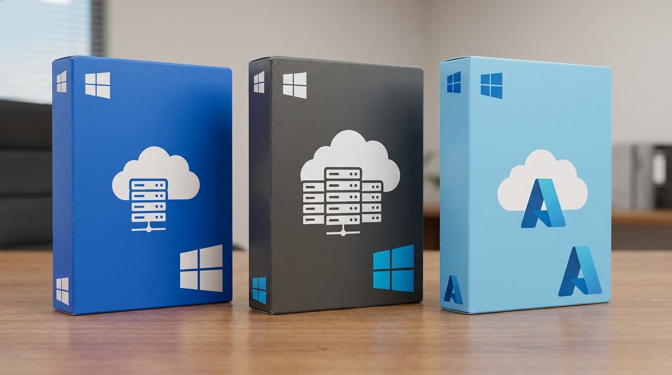 Три издания Windows Server 2022 (Standard, Datacenter, Azure Edition) со значками и логотипами, расположенные рядом на рабочем столе