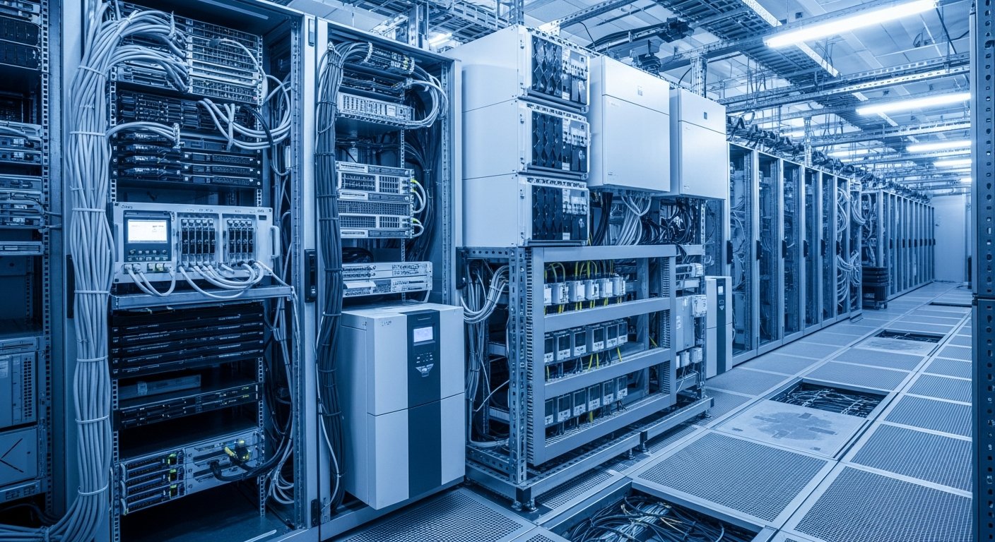 Интерьер серверного ЦОД с установленными rack-ИБП и модульной электросистемой