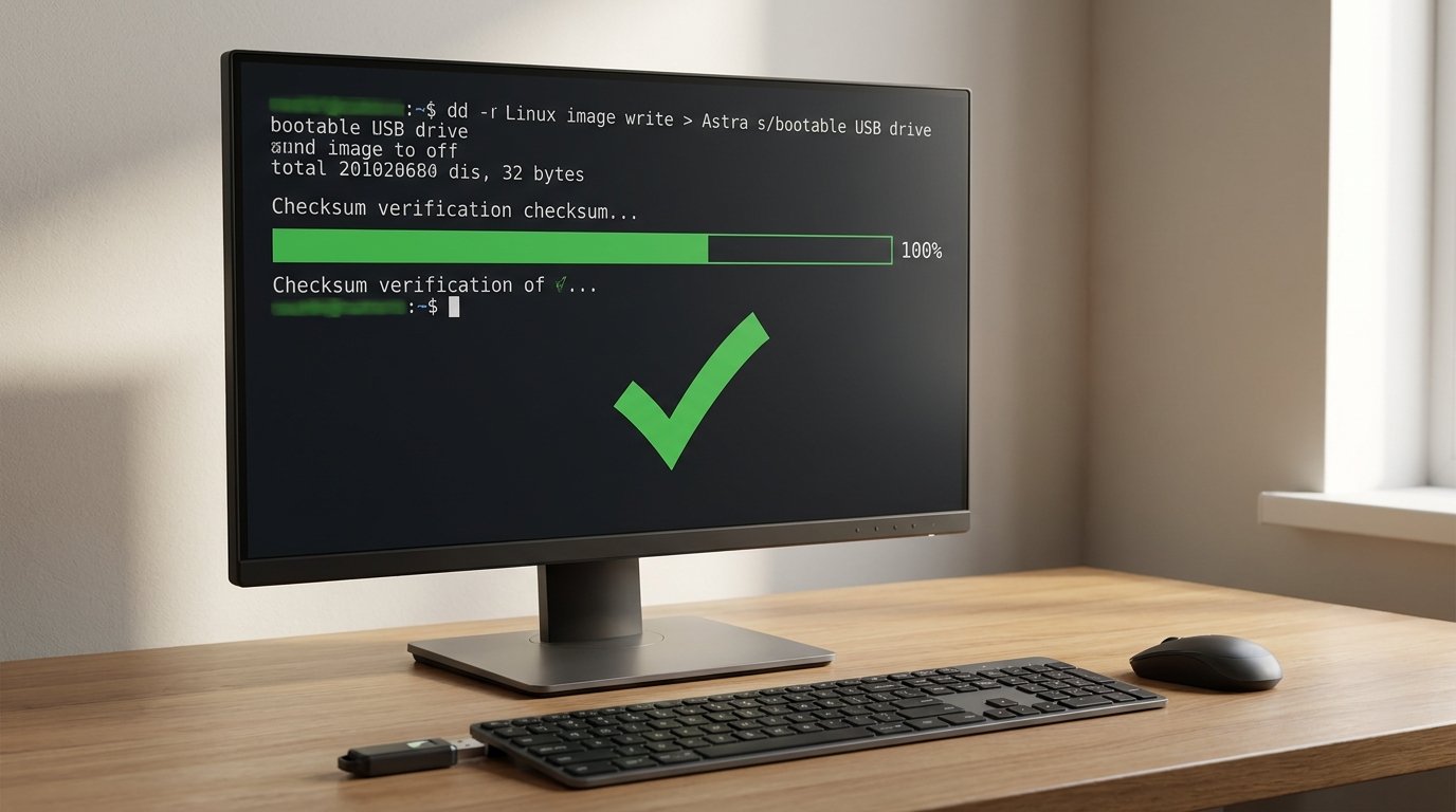 Процесс записи образа Astra Linux на загрузочную флешку с проверкой контрольной суммы на экране монитора