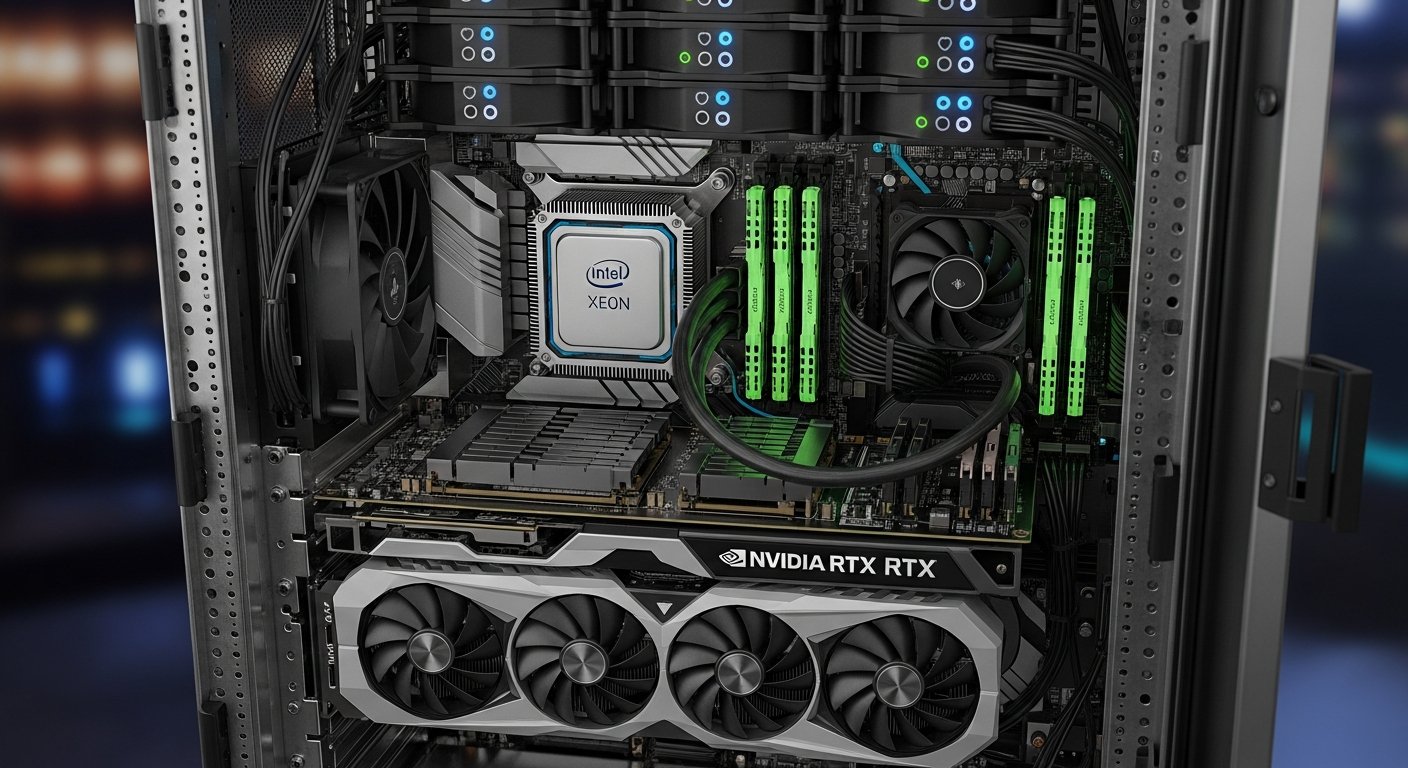 Открытая стойка с серверными компонентами: процессор Xeon, видеокарта NVIDIA RTX, модули памяти RAM, система охлаждения, вентиляторы, индикаторы включения