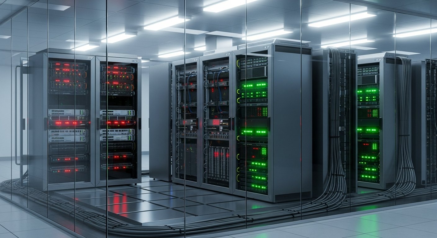Стеклянная комната серверной с устройствами резервного копирования и защиты данных, красные и зелёные индикаторы