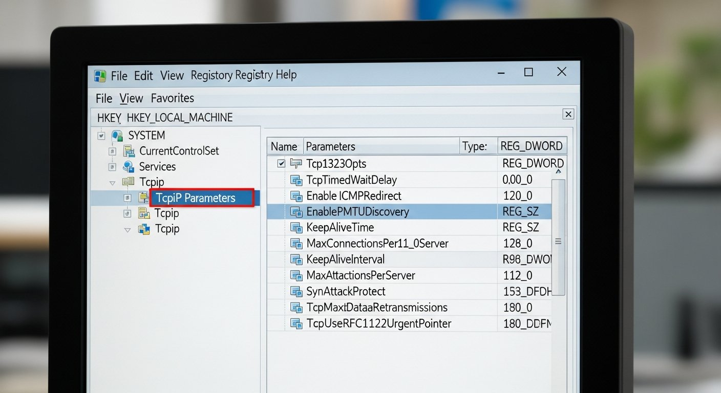 Реестр Windows Server с открытой веткой Tcpip Parameters, видны параметры TCP в редакторе реестра