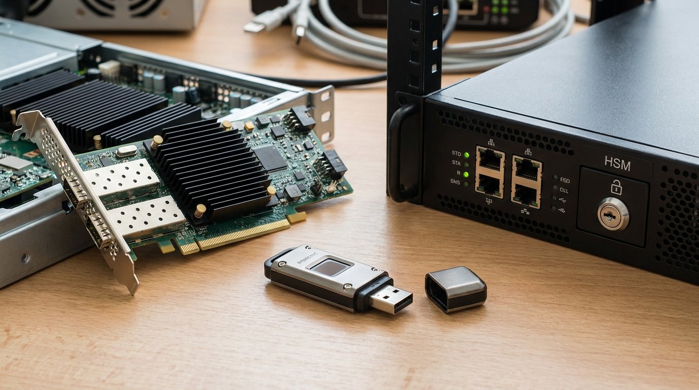 Различные типы аппаратных криптомодулей: PCIe карта, USB токен и сетевой HSM