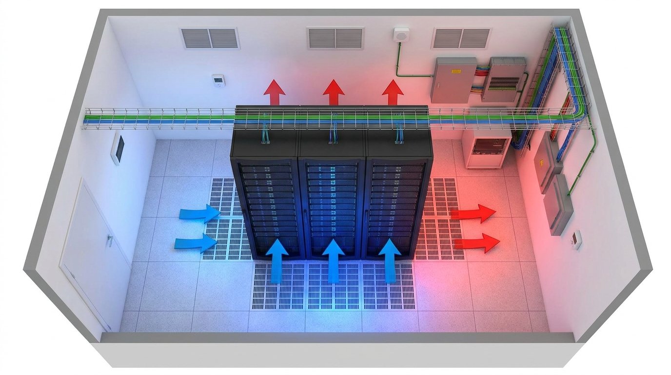 Внутренний план серверной 10 м² с разметкой: стойка, холодный коридор спереди, горячий коридор сзади, воздухопотоки