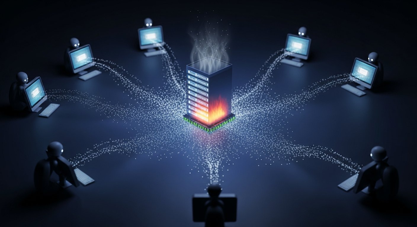 Схема атаки DDoS L7 с медленными запросами и нагрузкой на веб-сервер.