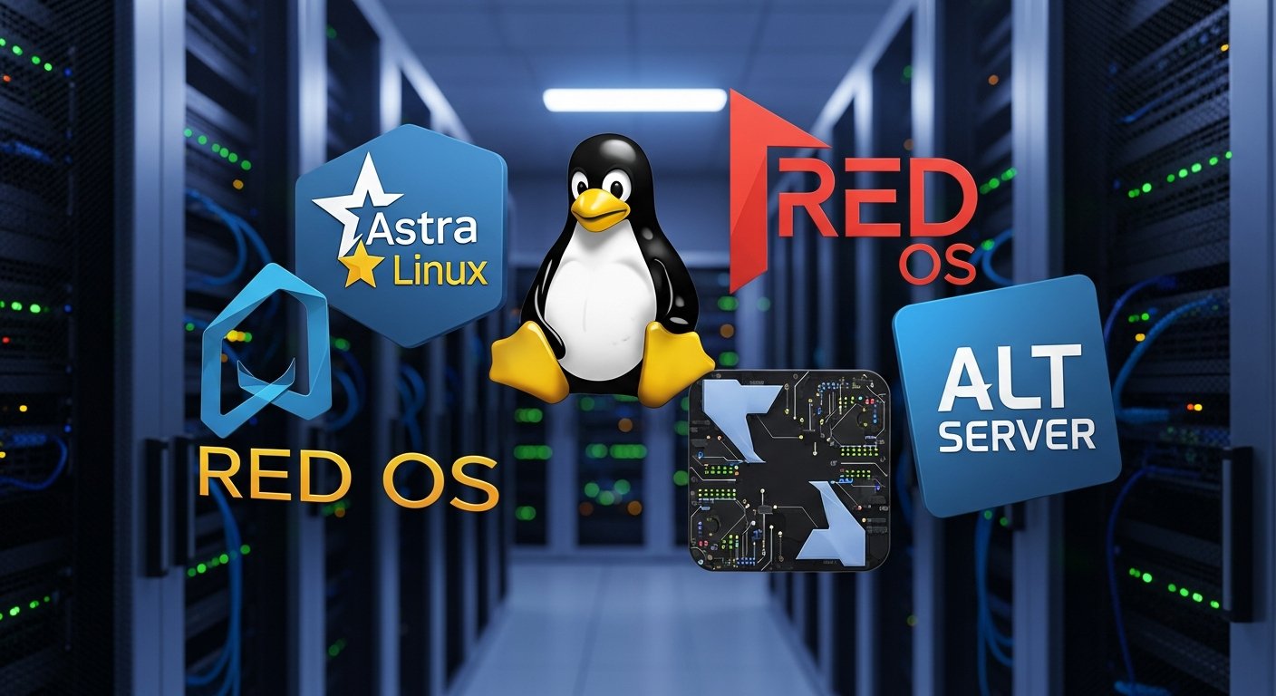 Логотипы открытых операционных систем (Linux пингвин, стилизованные значки Astra Linux, РЕД ОС, Альт Сервер) на фоне серверных стоек.