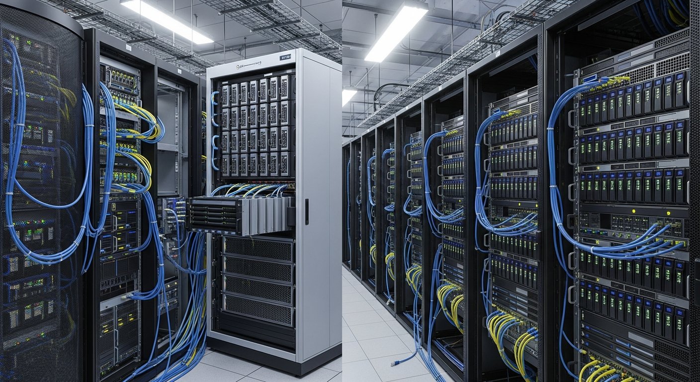 Две архитектуры хранилища данных: слева shared storage с общим SAN-массивом, справа shared-nothing с локальными дисками и синхронной репликацией между нодами