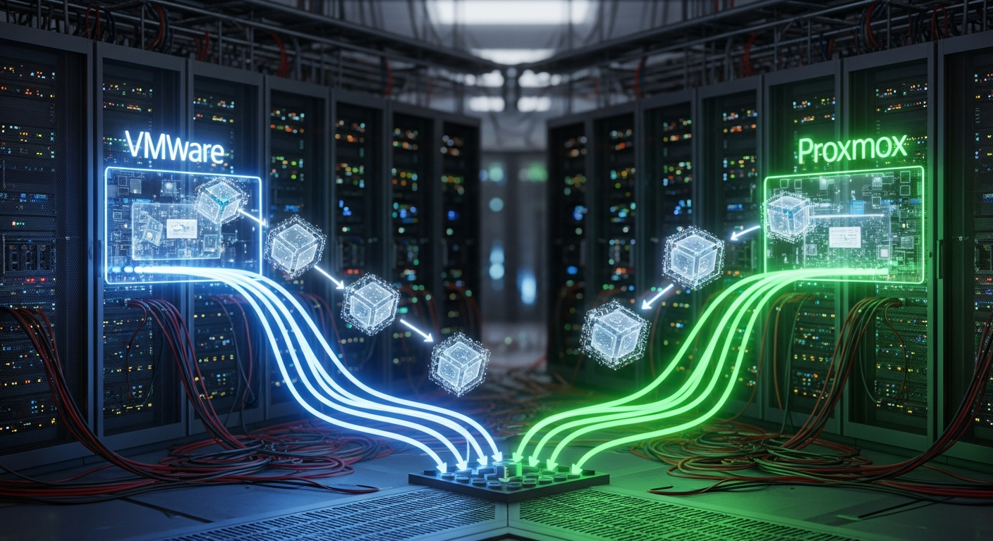 Процесс миграции с серверов VMware на Proxmox, стрелки переноса данных, виртуальные машины в движении