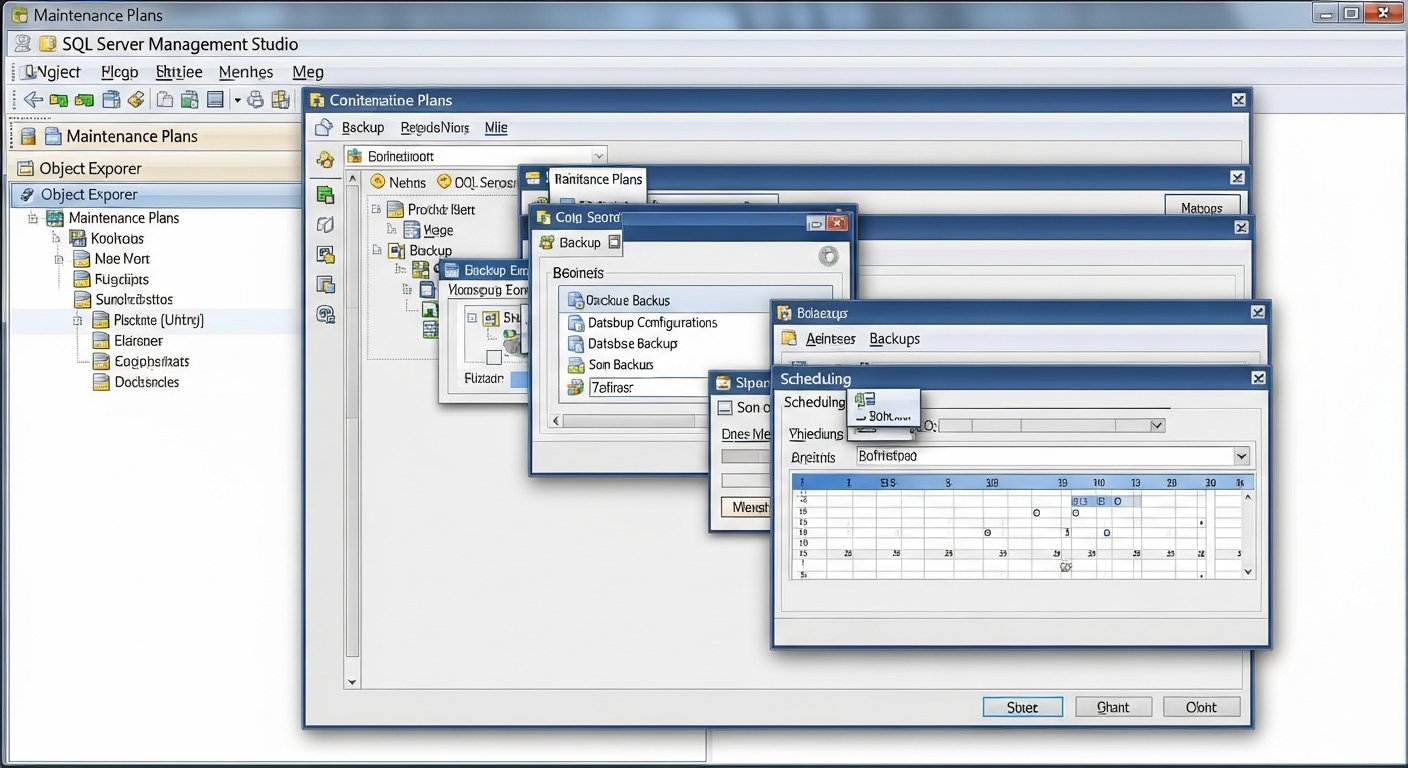 Интерфейс SQL Server Management Studio с открытым Maintenance Plans, окна конфигурации и расписания бэкапов.