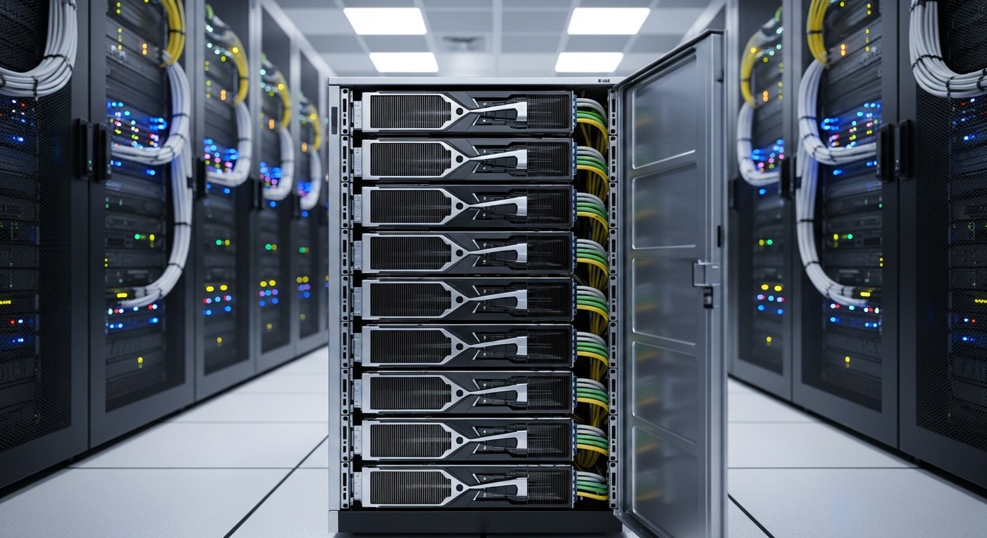 Сервер с интегрированными GPU-ускорителями, передняя панель с видимыми слотами, высокопроизводительное оборудование в профессиональном окружении.