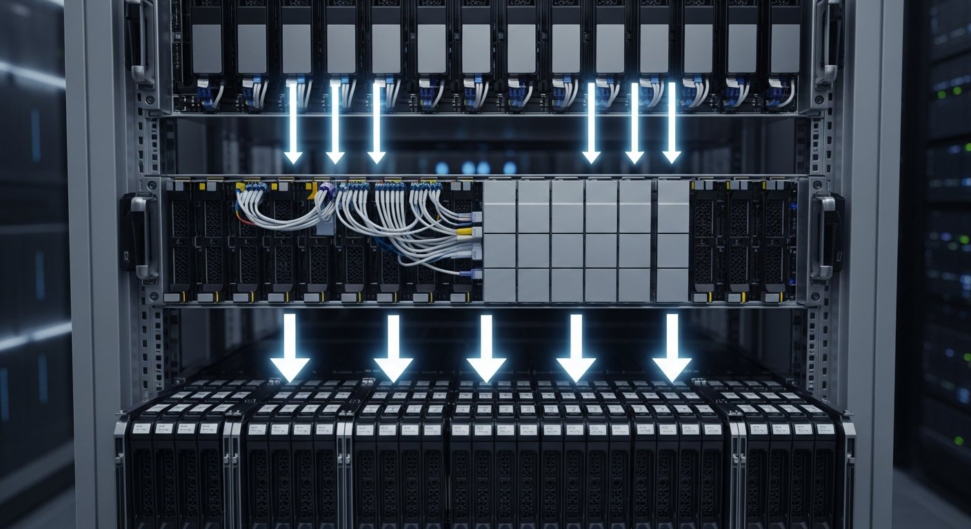 Многоуровневое хранилище данных с послойной организацией: быстрые SSD на верхнем уровне, HDD массив на нижнем, стрелки показывают движение данных между слоями