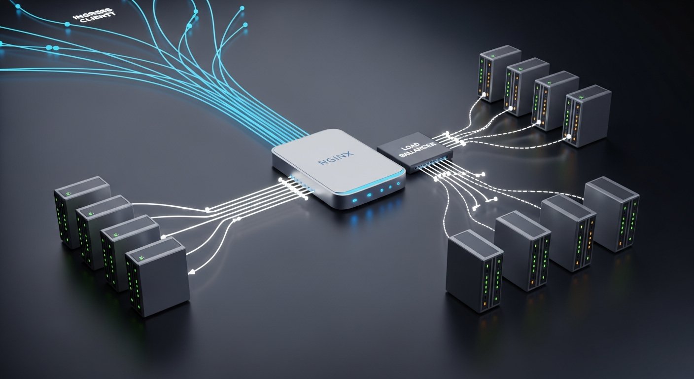 Архитектурная схема Nginx с компонентами веб-сервера, reverse proxy и балансировщиком нагрузки, серверы и соединения визуально