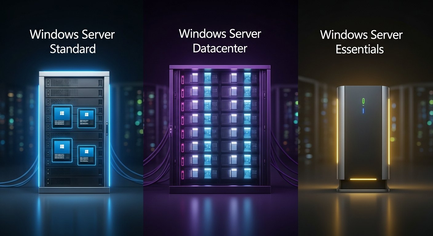 Визуализация трёх редакций Windows Server рядом: Standard с двумя виртуальными машинами, Datacenter с множеством машин, Essentials компактным прямоугольником. Каждая редакция выделена отдельным цветом