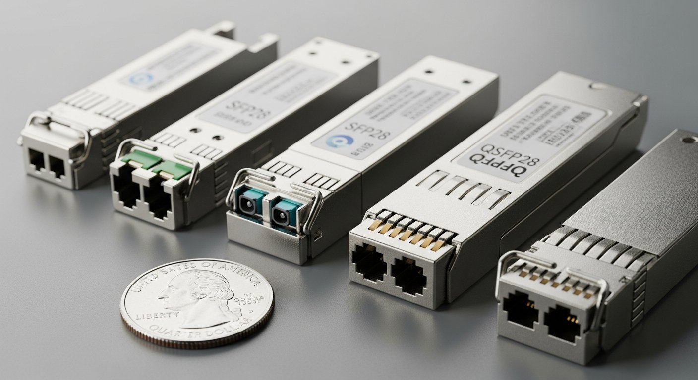Различные типы сетевых трансиверов: SFP, SFP28, QSFP28 рядом с монетой для масштаба.