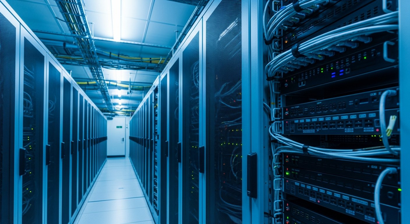 Ряды серверных стоек в профессиональном центре обработки данных, холодное освещение, кабельная инфраструктура.