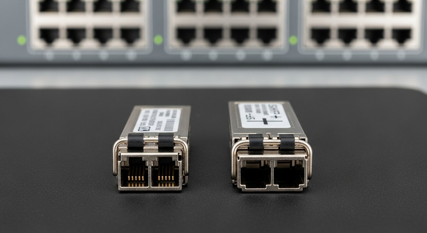 Сравнение размера и разъёма SFP и SFP+ модулей рядом на фоне сетевого оборудования, показывающие механическое сходство при разных электрических характеристиках.