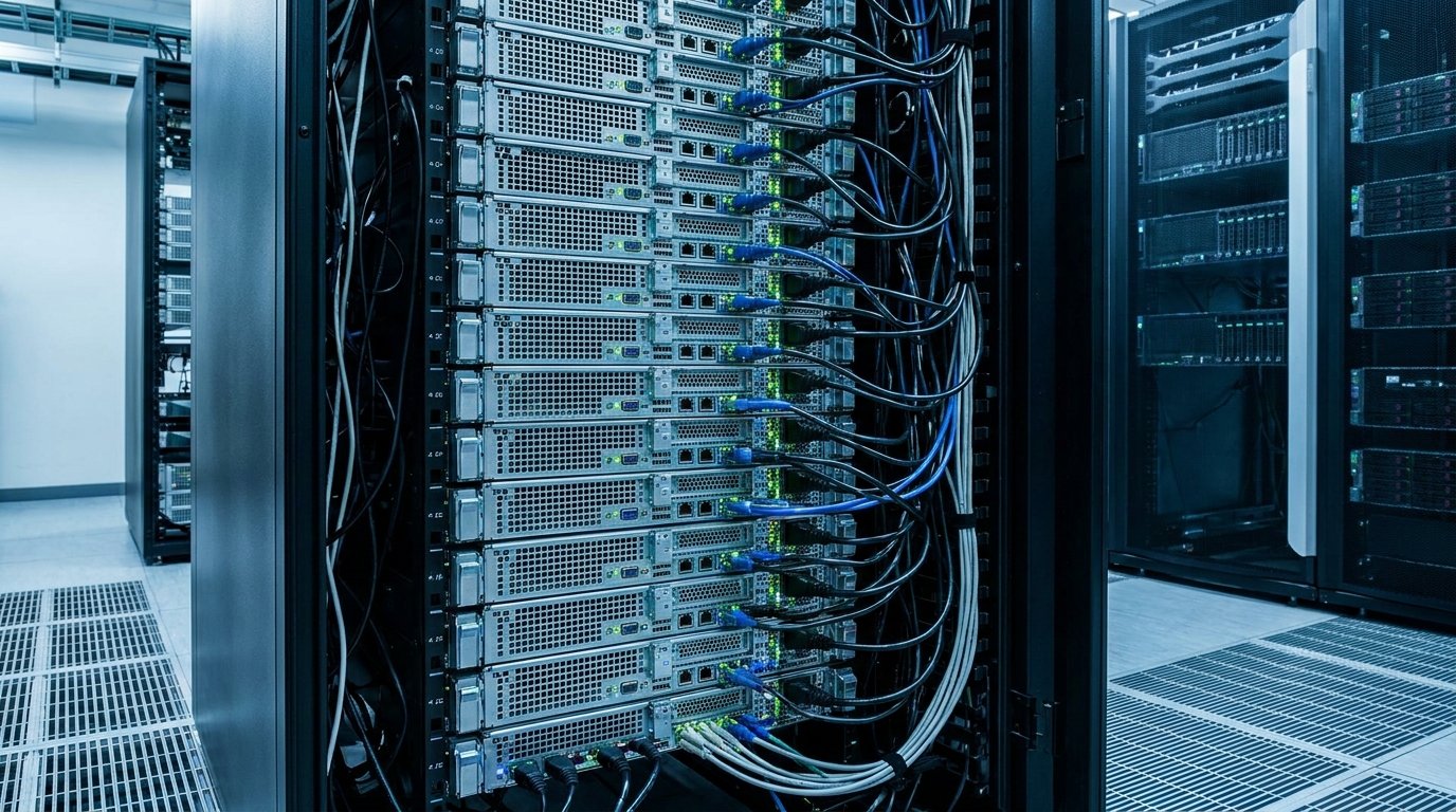 Серверная стойка 42U с установленными rack-серверами формата 1U, заполненная плотно размещенным оборудованием в дата-центре