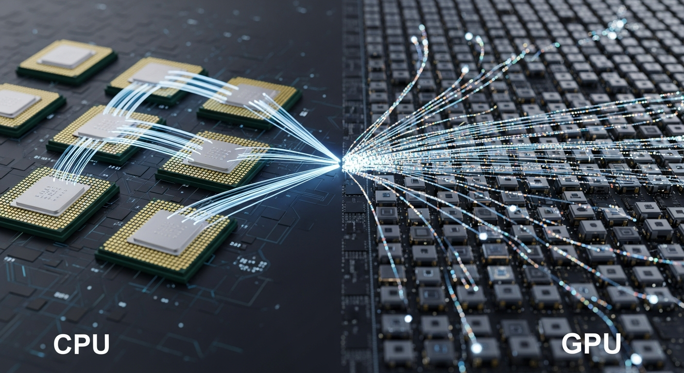 Сравнение процессорных ядер CPU и GPU, поток данных через параллельные ядра видеокарты.