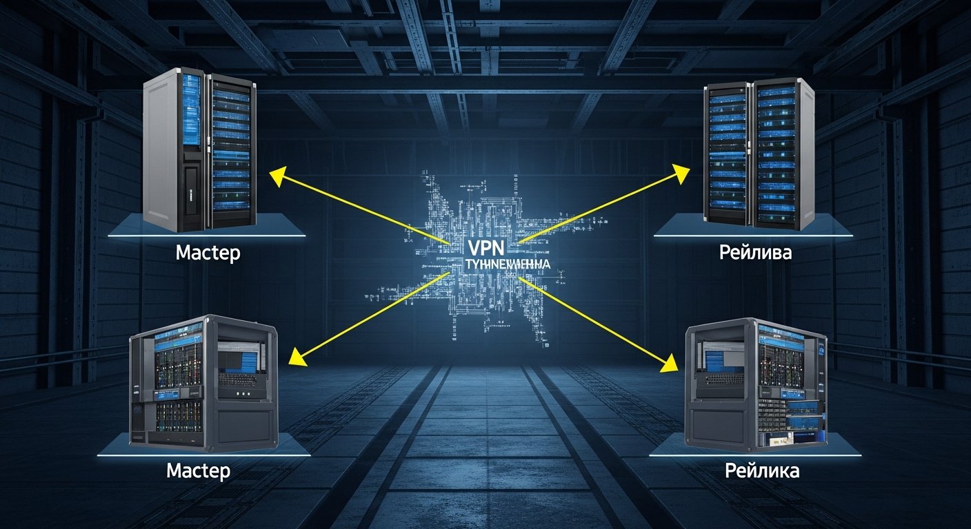 Архитектура защищенного канала между мастером и репликой с VPN-туннелем и шифрованием