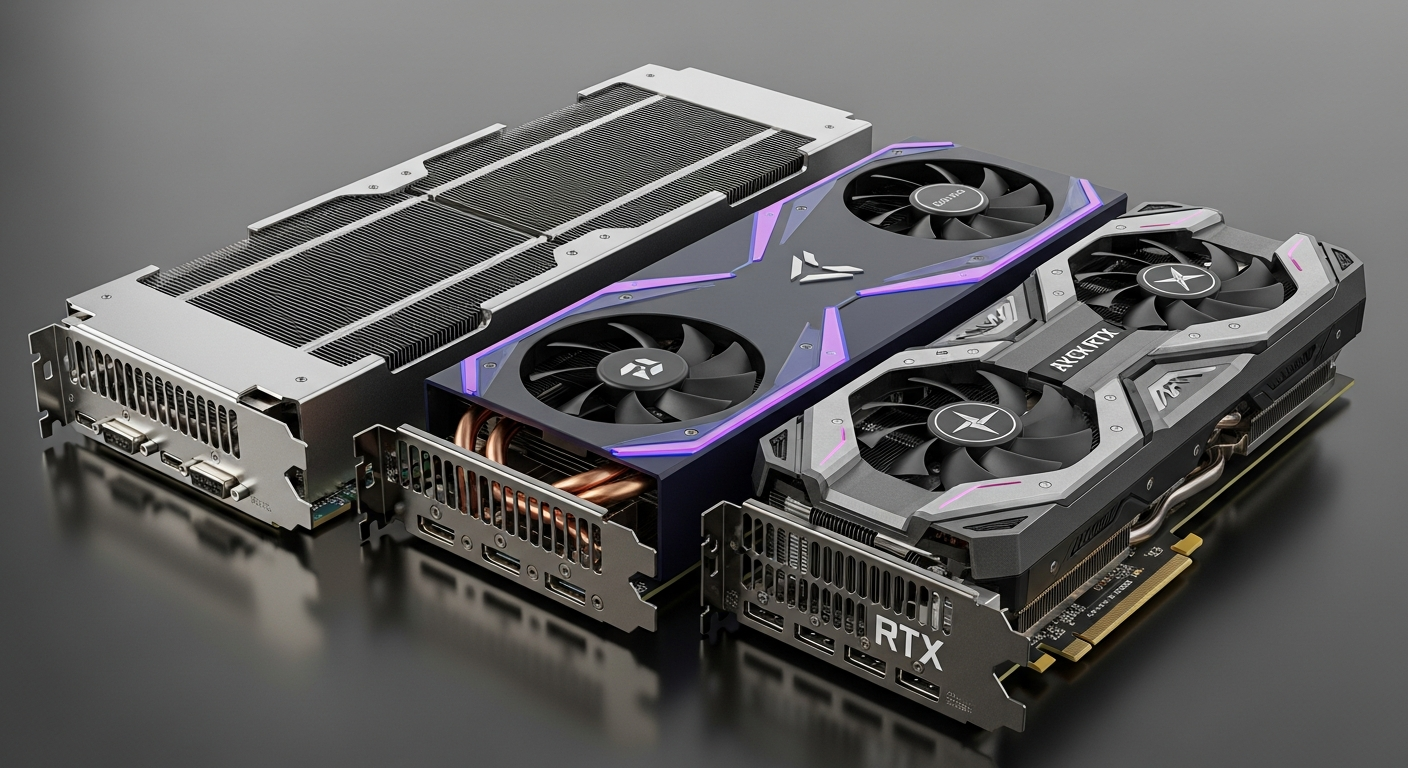 Три разных видеокарты рядом: мощная дата-центровая GPU, профессиональная workstation-карта и консьюмерская RTX.