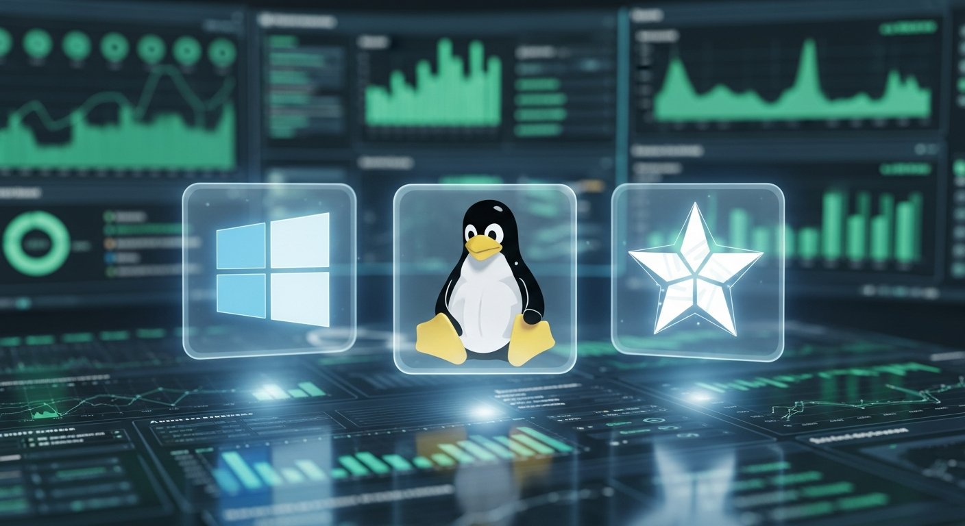 Логотипы операционных систем (Windows Server, Linux дистрибутивы, Astra Linux) на фоне интерфейса управления