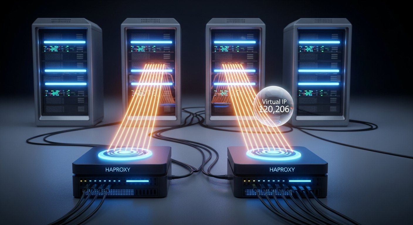 Архитектура load balancing с HAProxy: балансировщик распределяет трафик между двумя одинаковыми веб-серверами, Keepalived обеспечивает VIP на основном балансировщике