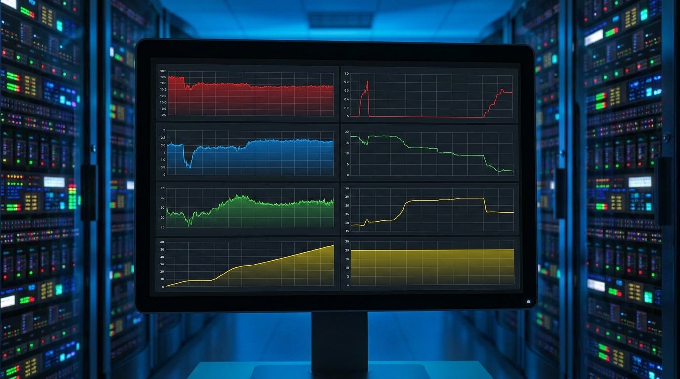 Монитор Zabbix с панелью мониторинга ИБП: графики напряжения, тока, температуры батарей, время автономии — разноцветные линии на сетке.