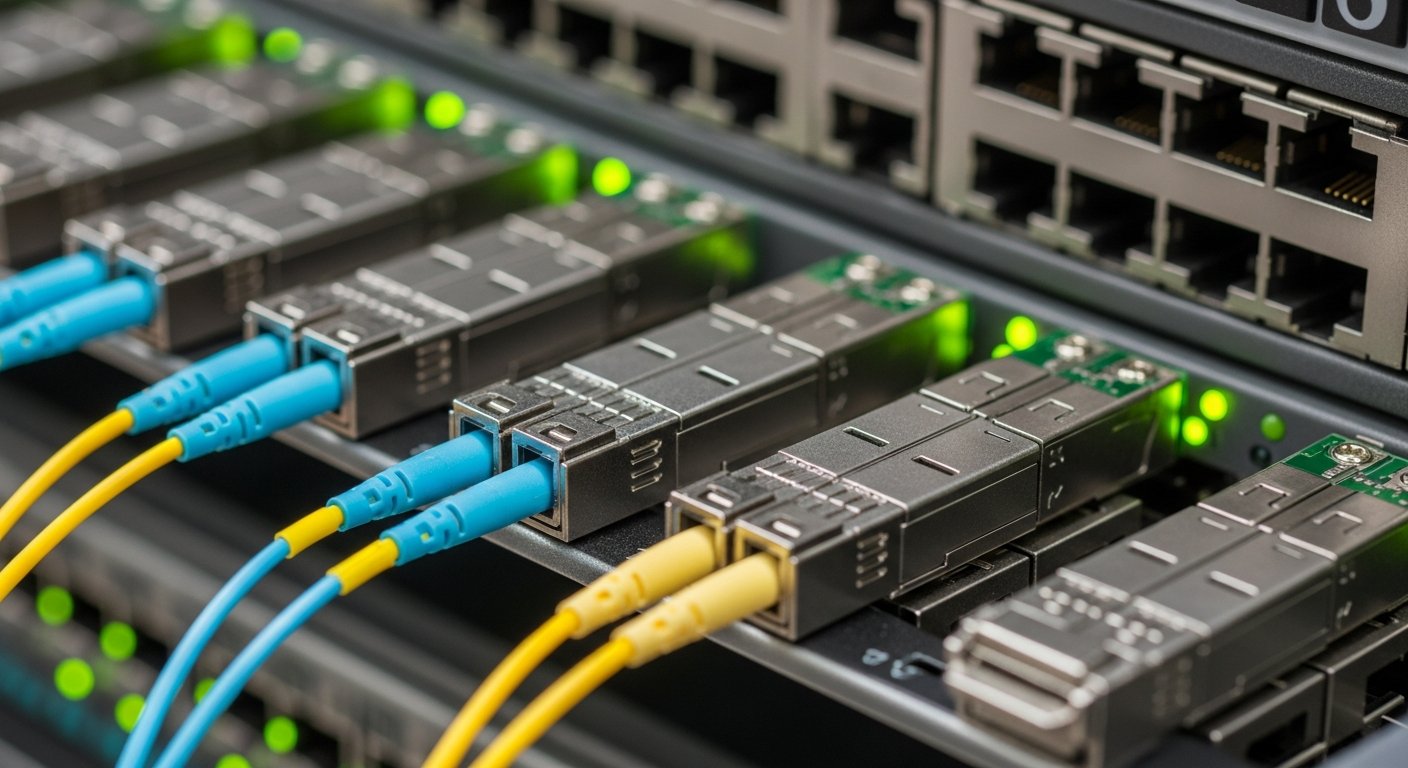 Оптические трансивер модули QSFP28 установленные в портах коммутатора, визуализирующие компактность и плотность расположения портов в современном оборудовании.