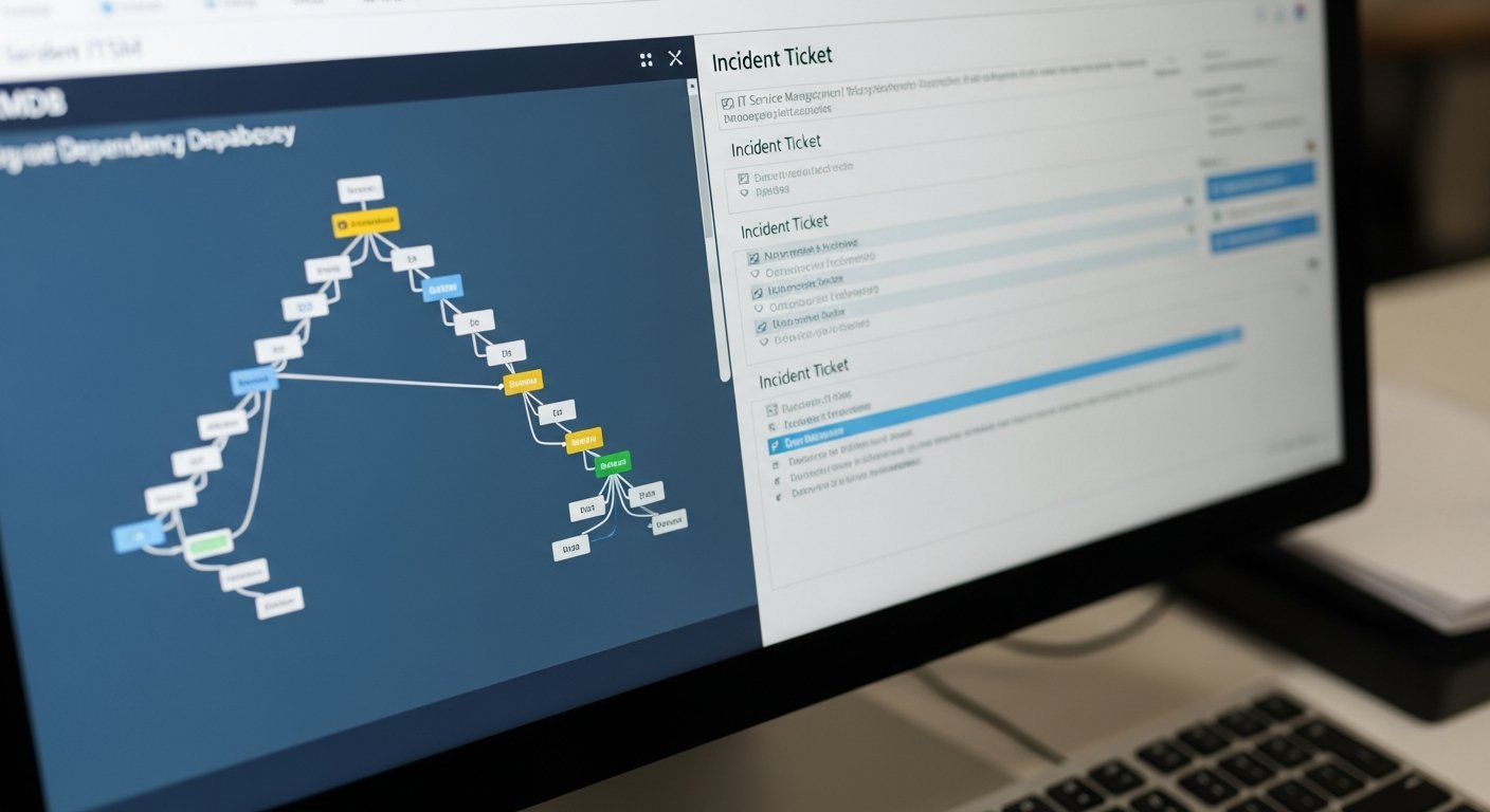 Процесс обработки инцидента в ITSM-системе с использованием данных CMDB, интерфейс тикета с дерево зависимостей
