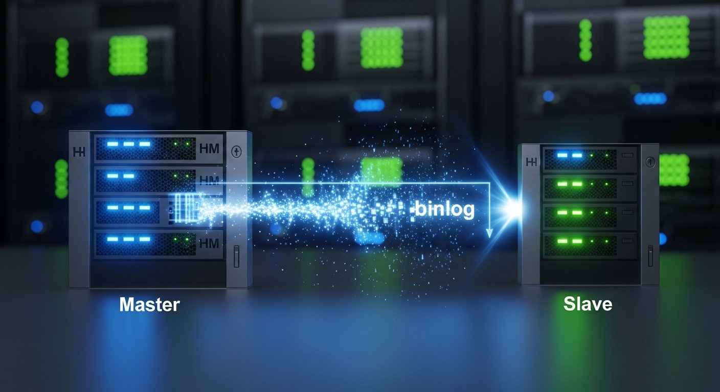 Диаграмма архитектуры MySQL master-slave репликации с потоком binlog от мастера к рабочей реплике