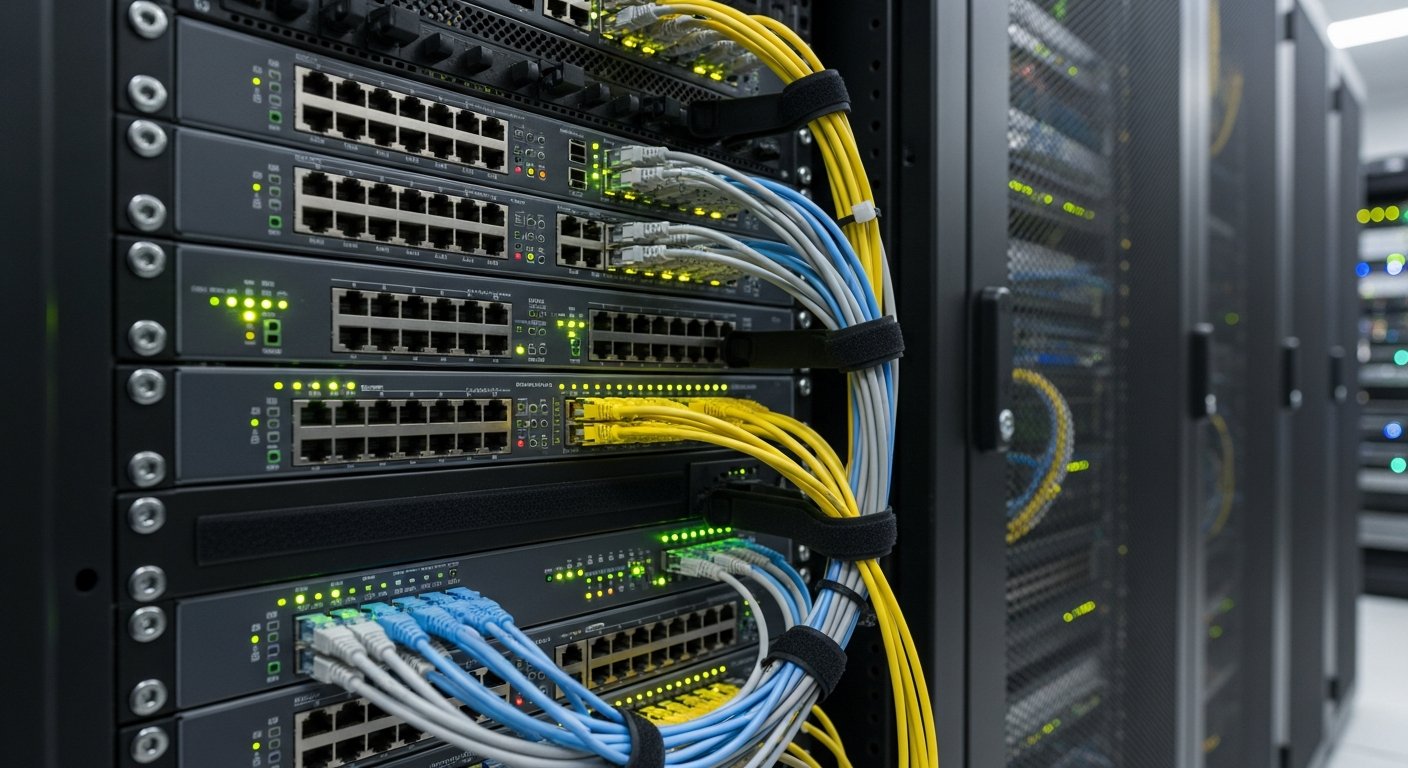 Сетевое оборудование в стойке: несколько портов RJ-45, кабели, индикаторы сетевой активности, профессиональный вид