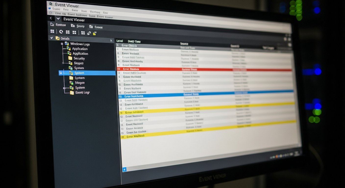 Окно журнала событий Event Viewer с проверкой ошибок после оптимизации Windows Server