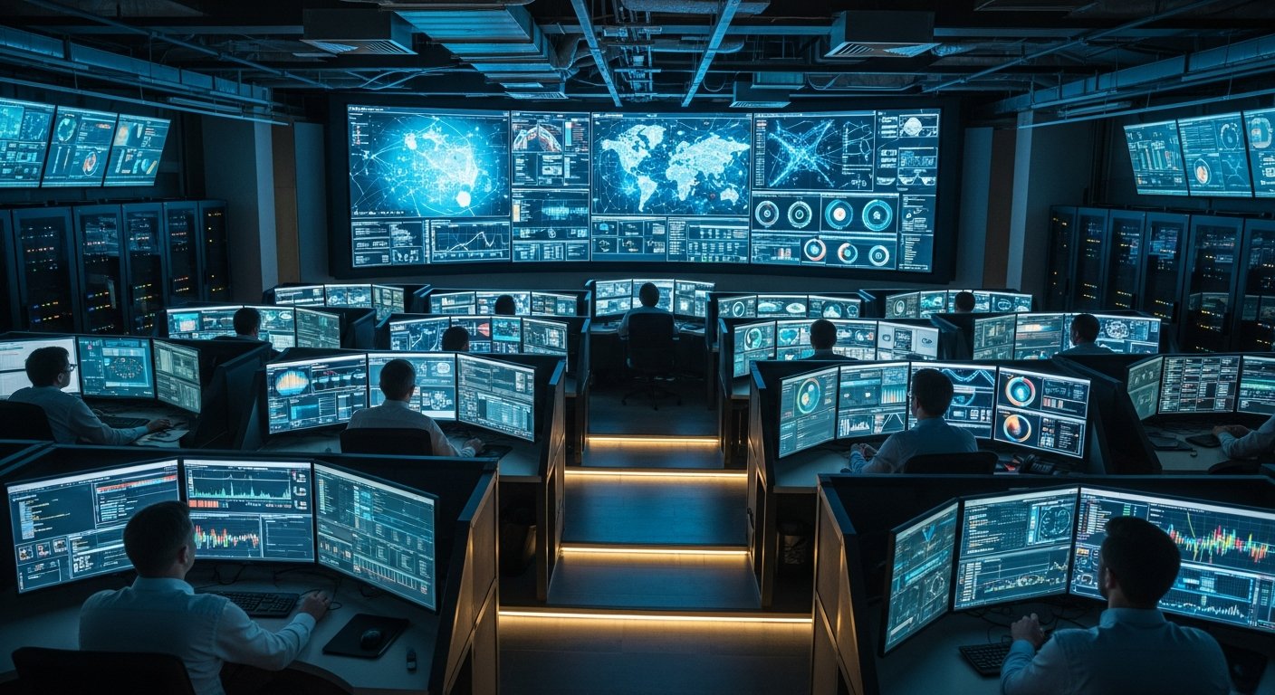 Центр мониторинга информационной безопасности с экранами отслеживания, рабочие станции с данными, техническая обстановка