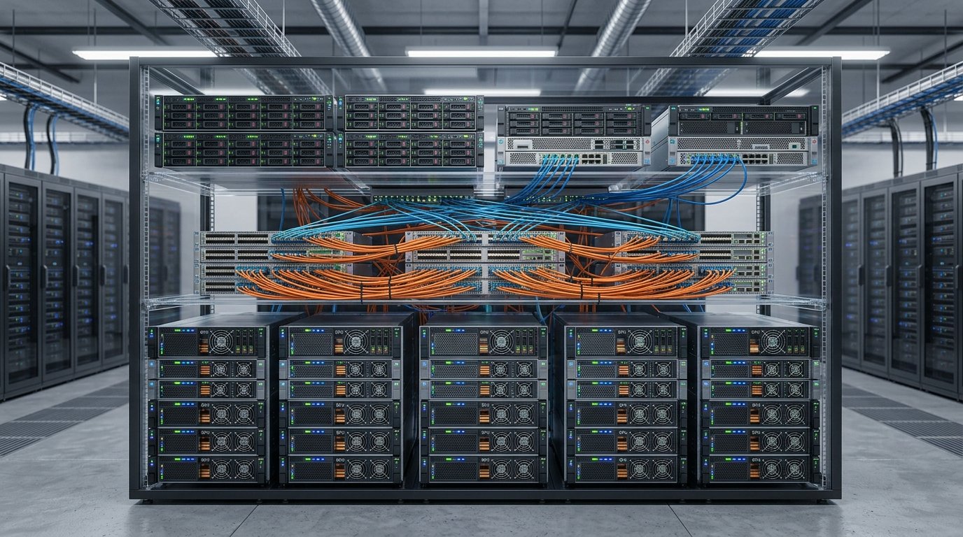 Диаграмма архитектуры GPU-кластера с ярусной организацией компонентов: вычислительные узлы внизу, сетевая фабрика (коммутаторы и адаптеры) в центре, хранилище и управляющая сеть сверху.