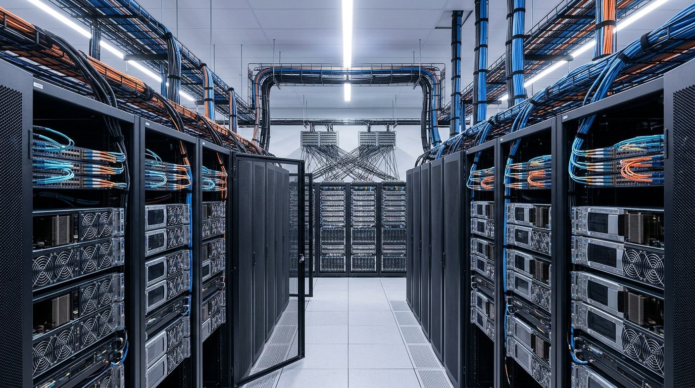Многоуровневая архитектура GPU-кластера с InfiniBand-коммутаторами и соединениями между стойками