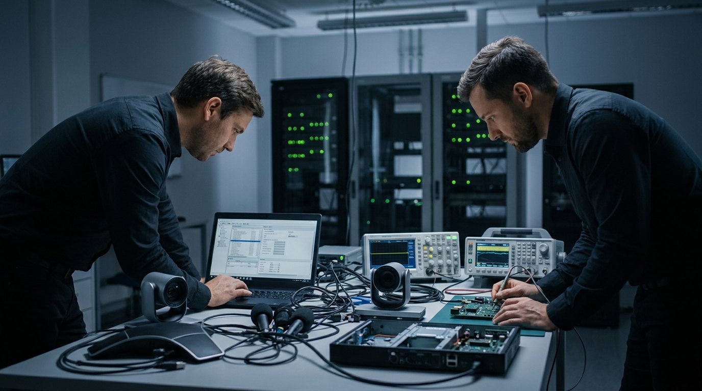 Инженеры по ИТ тщательно проверяют и настраивают оборудование для ВКС в специализированной лаборатории перед закупкой.