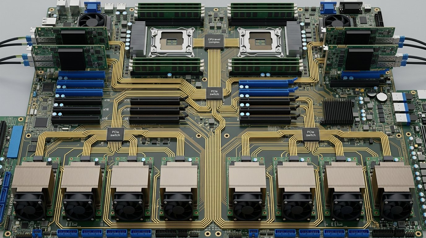 Диаграмма PCIe-топологии узла с восемью GPU и соответствующими им InfiniBand адаптерами