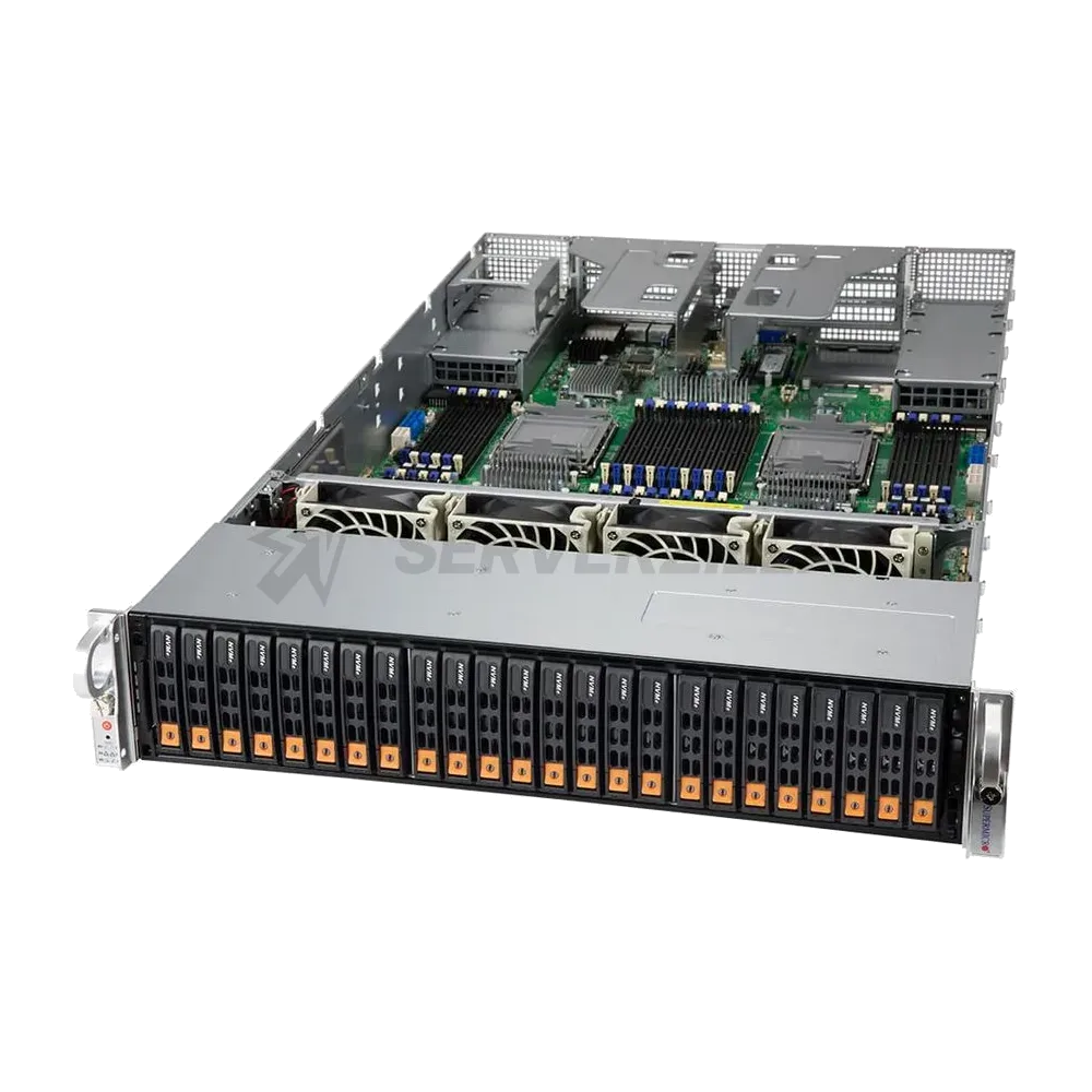 Платформа системного блока SuperMicro SYS-240P-TNRT 2U, 4x LGA4189 Xeon H-Series only, 48x DDR4 3200 DIMM, 24x 2.5" NVMe/SAS3/SATA3 drive bays 8 tray included , 4x PCI 3.0 x16 FHHL, 2x PCI 3.0 x8 FHHL, 2x 10G RJ45, 2x 10G SFP+ X710, 2x M.2 SATA/NVME 22110, 2x 2000W (420148)