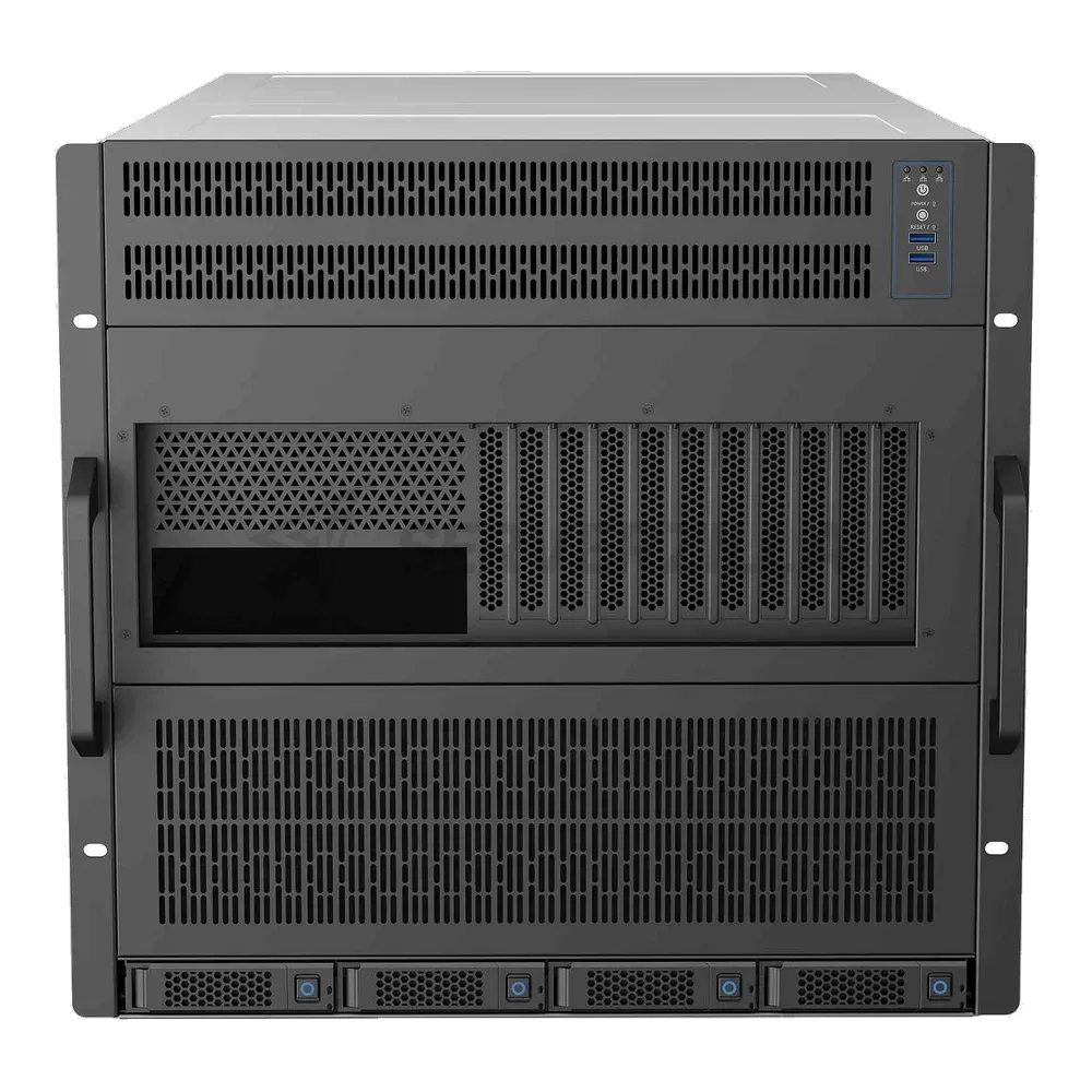 Procase G5-1085-16D38-12NVME Корпус 10U Rack GPU case, 16 GPU PCIE 5.0 (38slot) 12 NVME hotswap HDD 12*MiniSAS HD(8643), черный, плата блока питания 4+1 CRPS (без модулей), до 3200вт/модуль, глубина 8 — фото 2
