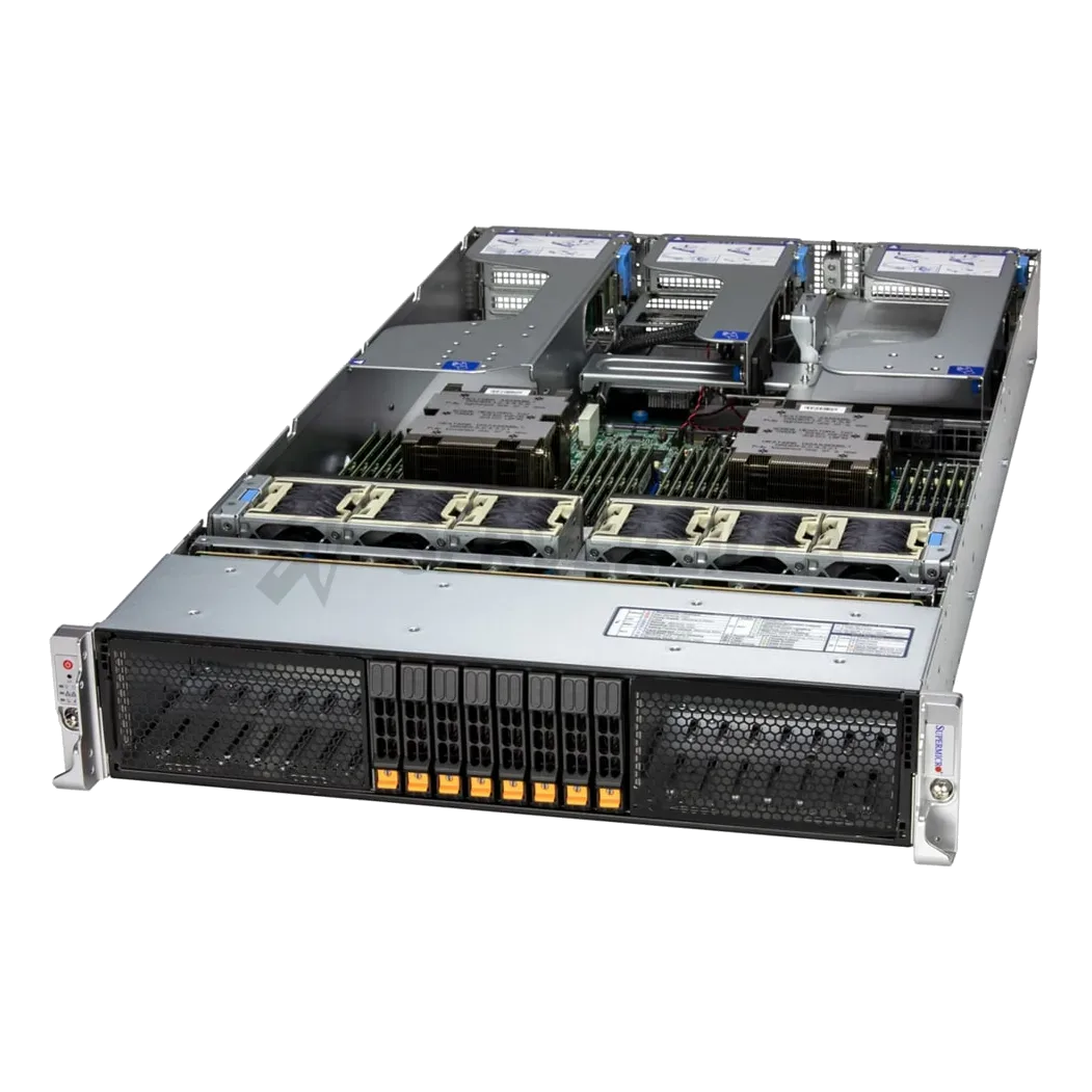 Серверная платформа Supermicro SuperServer 2U noCPU(2)9005/9004/ TDP400W/ no DIMM(24)/ 8x2,5"(NVMe/SATA)/2x1GB/2x1600W/GPU support(without cables)/ config 3rd