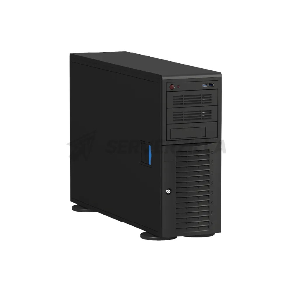 Серверный корпус/ 4U/Tower Workstation, Mini ITX, Micro ATX, ATX, E ATX MB support, 8xFHFL exp slot (4 double-width GPU), 8x3.5''HS SATA/SAS, 12Gb/s BP, 3x5.25" Bays, 4x80mm (Middle) + 1x92mm (Rear)+2x80mm (Outer) PWM Fans, 1200Wt Single PSU, No rails